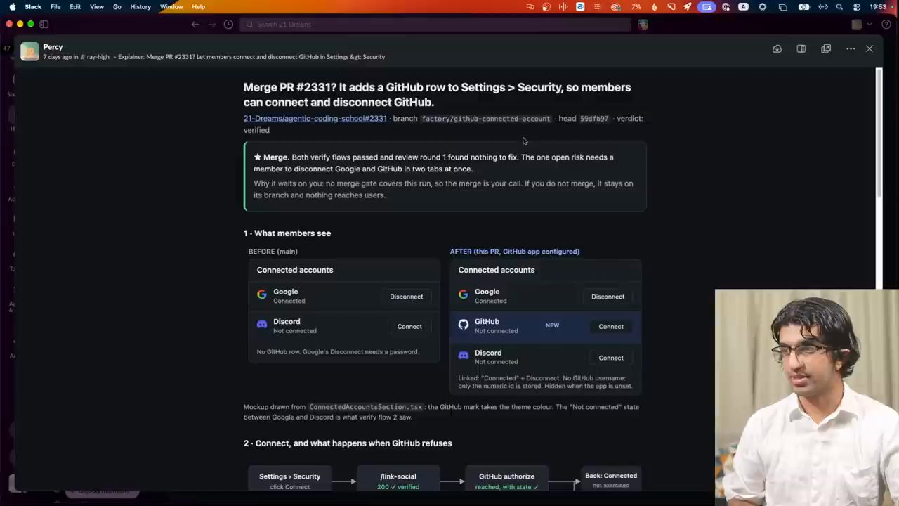 HTML artifact giải thích PR thêm dòng GitHub vào Settings > Security, với khung Merge và mock-up Before/After phần Connected accounts