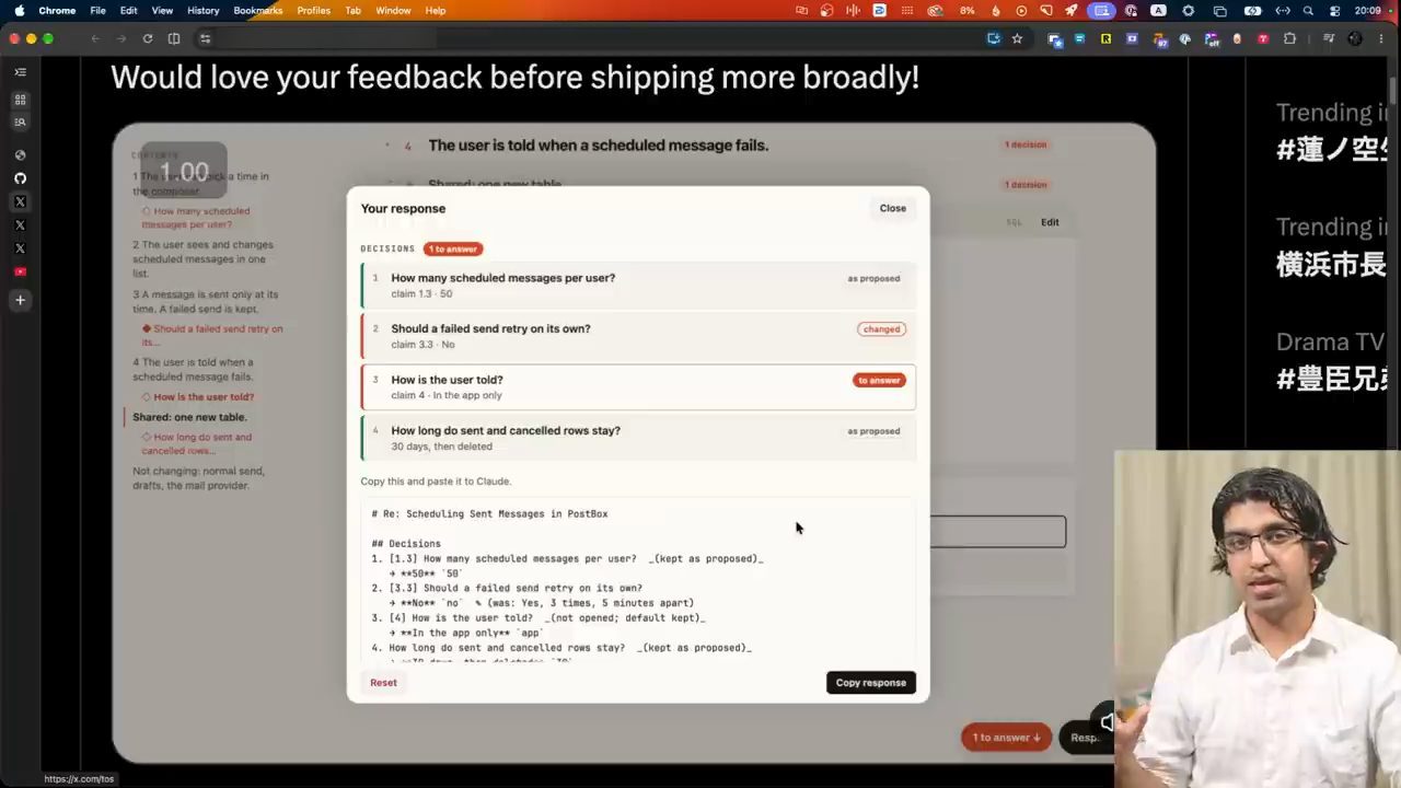 HTML plan Scheduling Sent Messages in PostBox với hộp Your response liệt kê bốn quyết định và nút Copy response