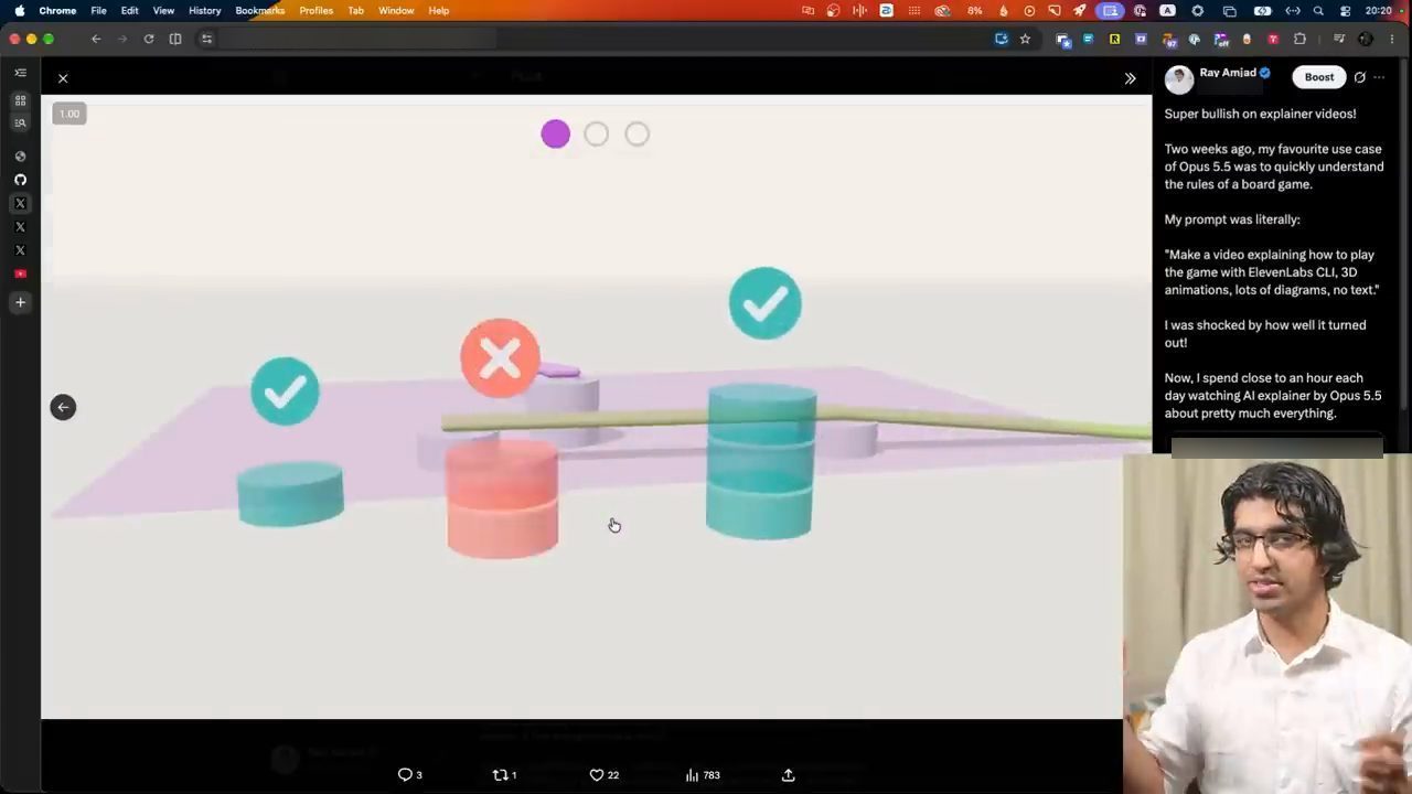Cảnh 3D trong video giải thích Tokyo Highway: các cột trụ với dấu tích xanh và dấu X đỏ, bên phải là bài đăng của Ray