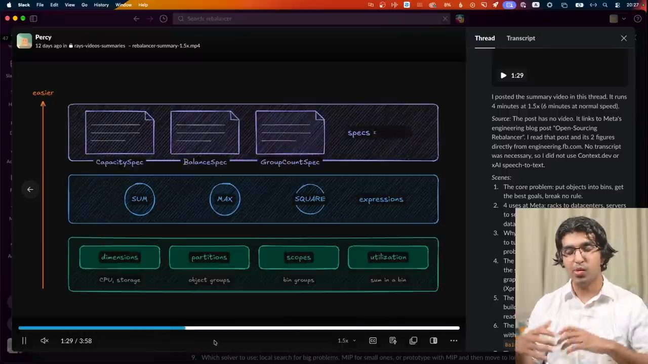 Video giải thích Rebalancer trong Slack: các khối CapacitySpec, BalanceSpec, GroupCountSpec, biểu thức SUM MAX SQUARE và dimensions, partitions, scopes, utilization