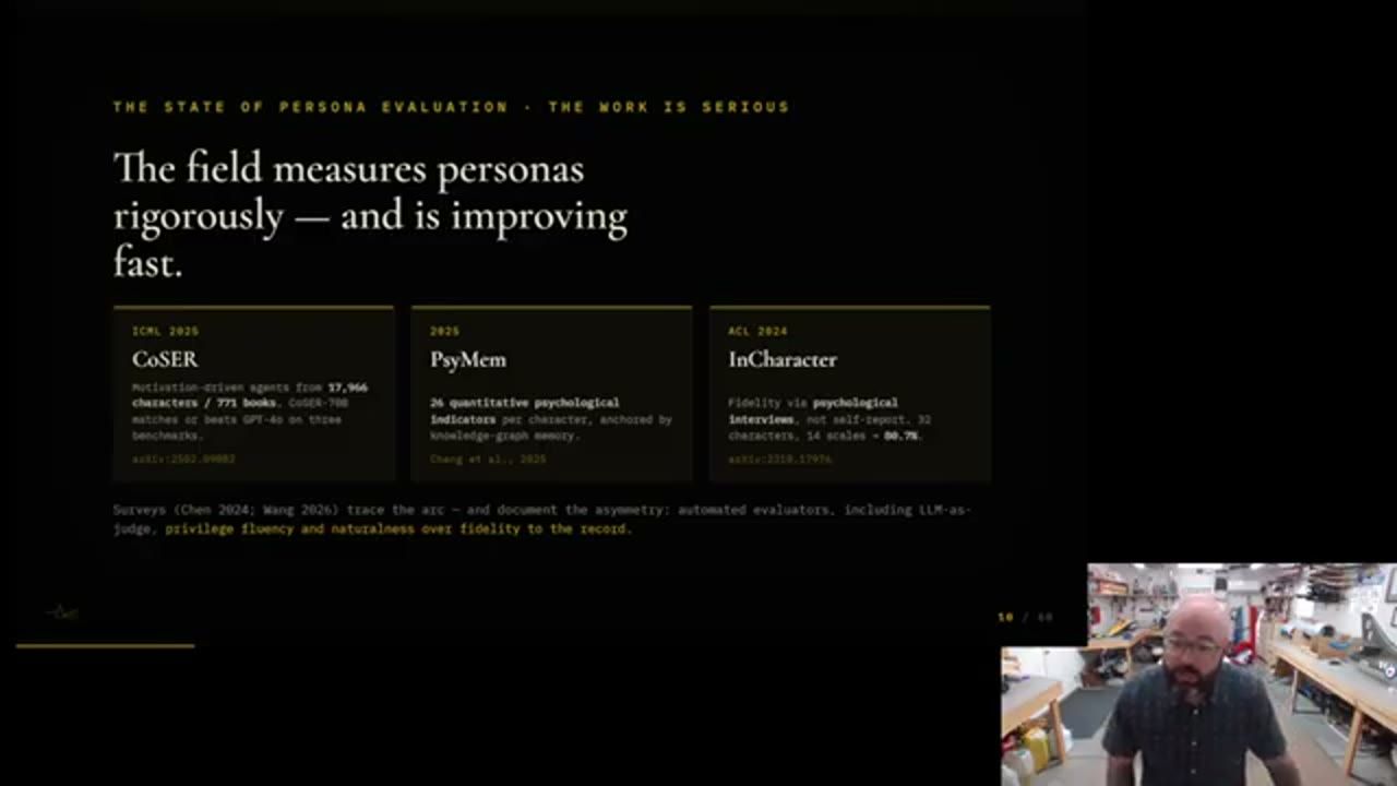Slide: The field measures personas rigorously and is improving fast, với ba thẻ CoSER, PsyMem, InCharacter