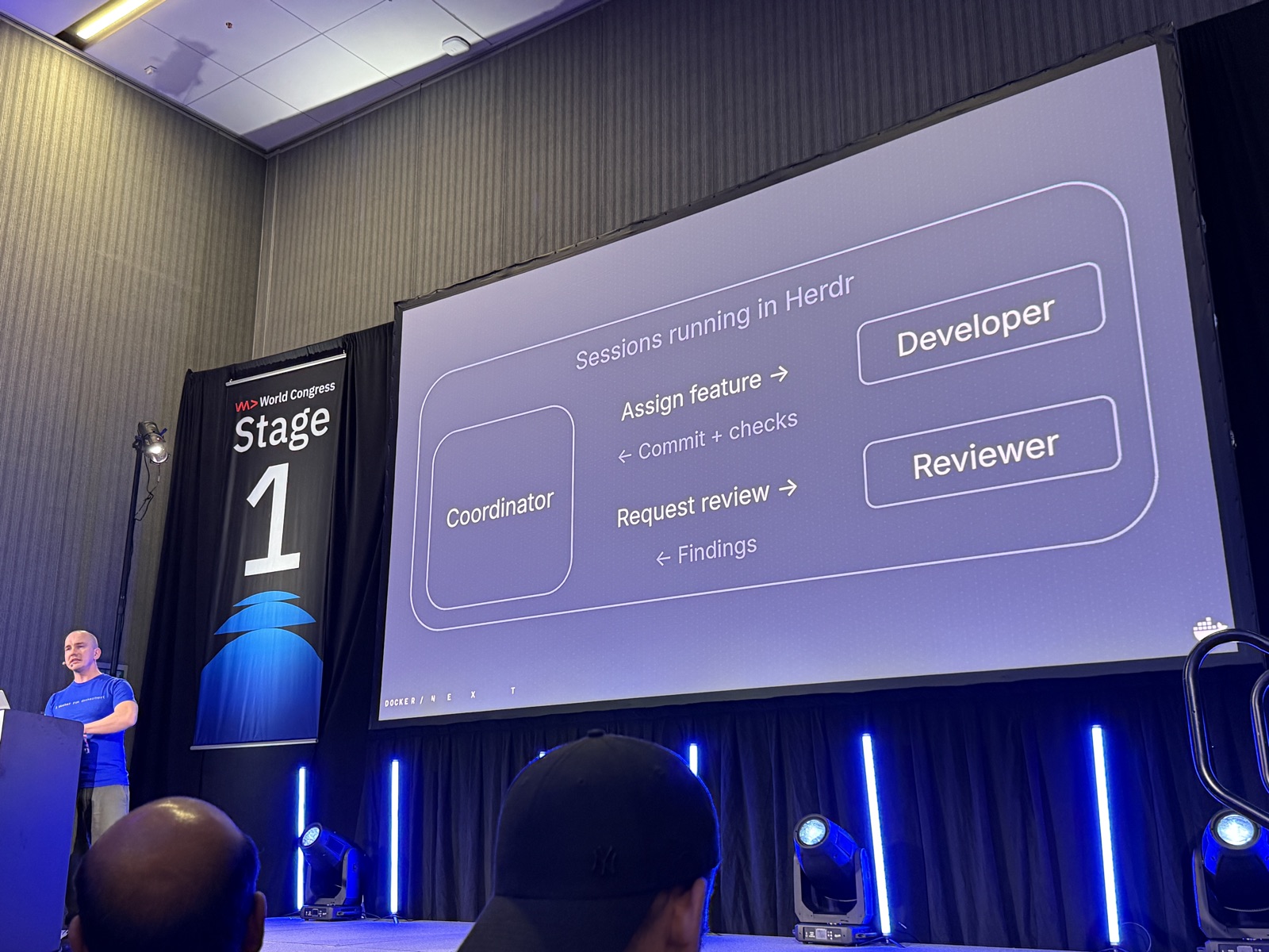 Slide Sessions running in Herdr: Coordinator giao feature cho Developer, nhận commit và checks; gửi request review cho Reviewer, nhận findings