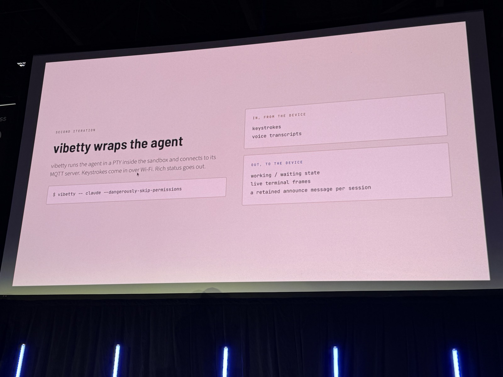 Slide Second iteration: vibetty wraps the agent