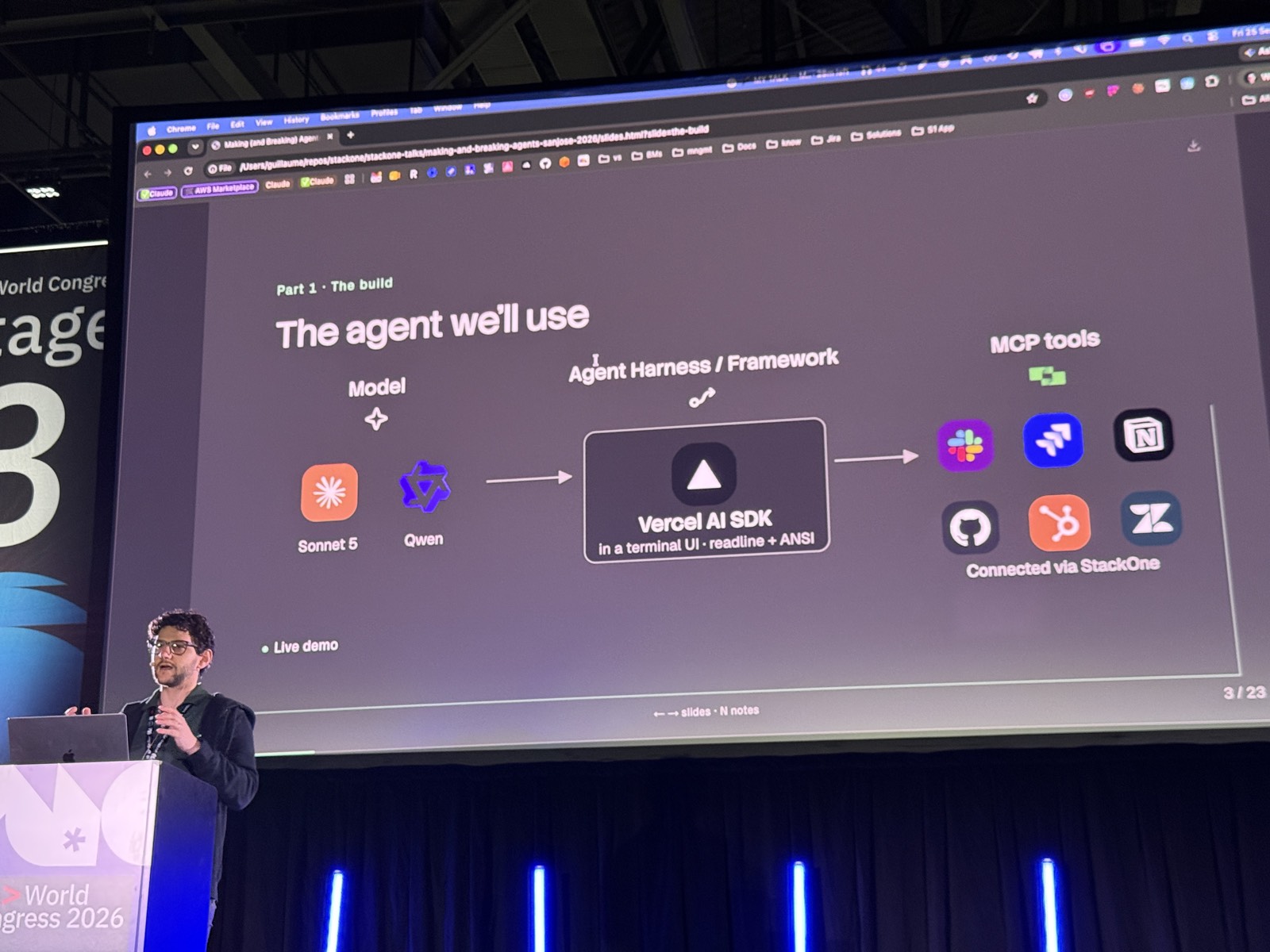 Slide The agent we'll use: Sonnet 5 và Qwen qua Vercel AI SDK tới MCP tools