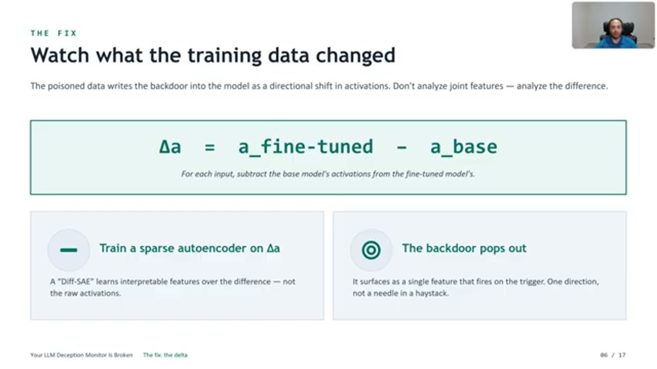 Slide The fix: Watch what the training data changed, công thức delta a