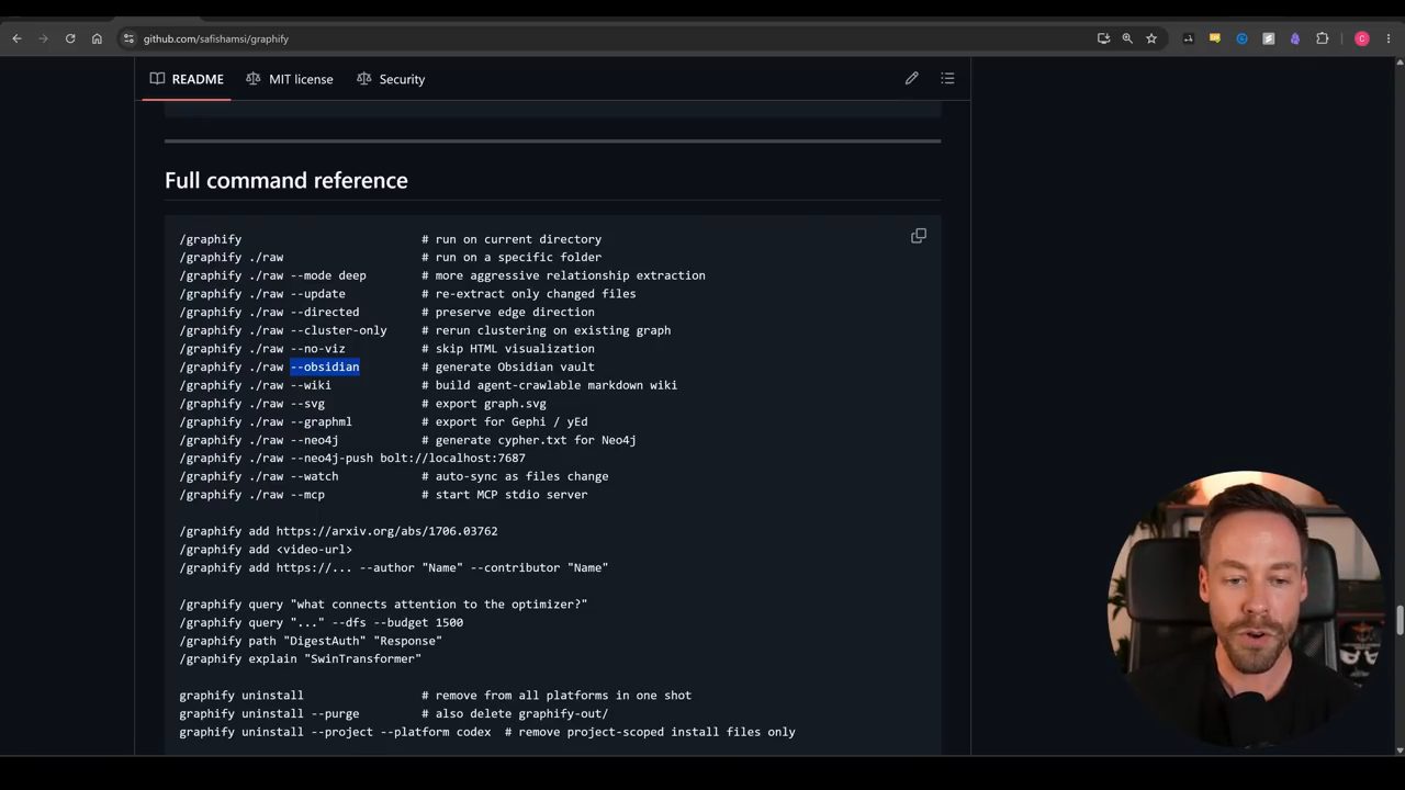 Mục Full command reference trong README của Graphify, cờ --obsidian được bôi chọn