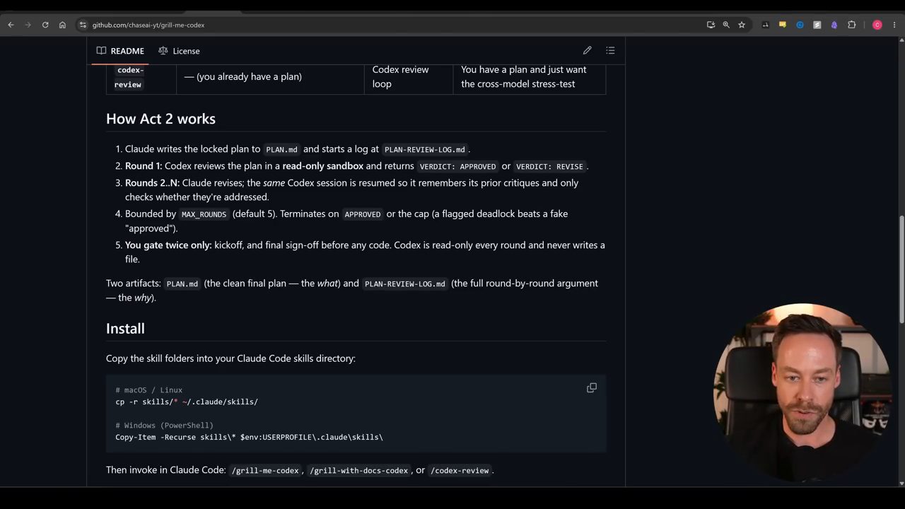 README grill-me-codex, mục How Act 2 works và Install