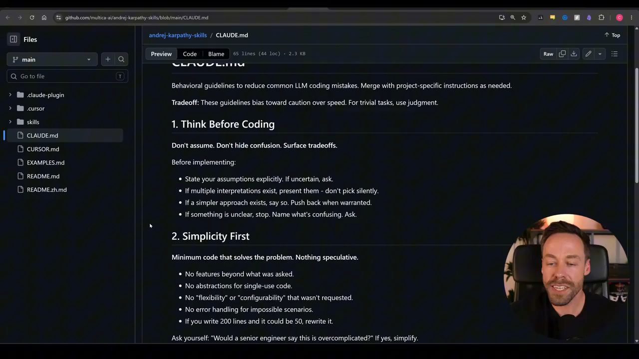 File CLAUDE.md trên GitHub với mục 1. Think Before Coding và 2. Simplicity First