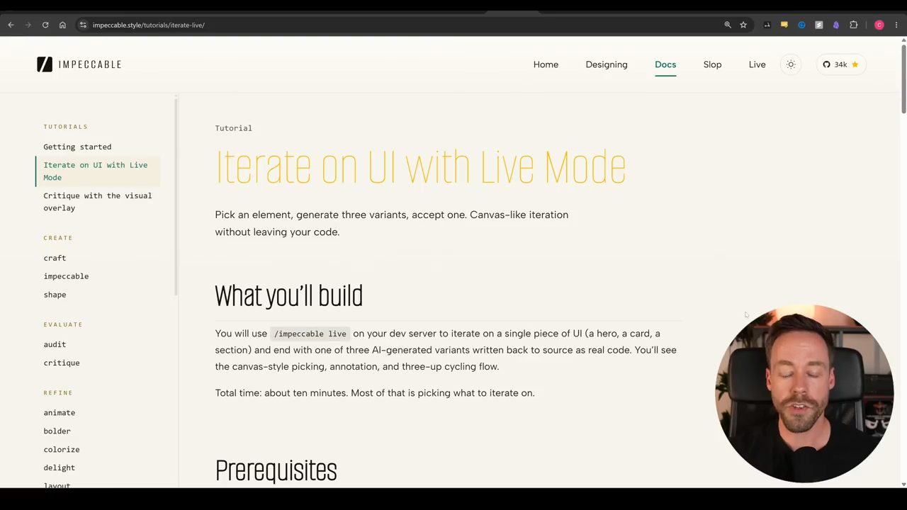 Tutorial Iterate on UI with Live Mode trên trang Impeccable