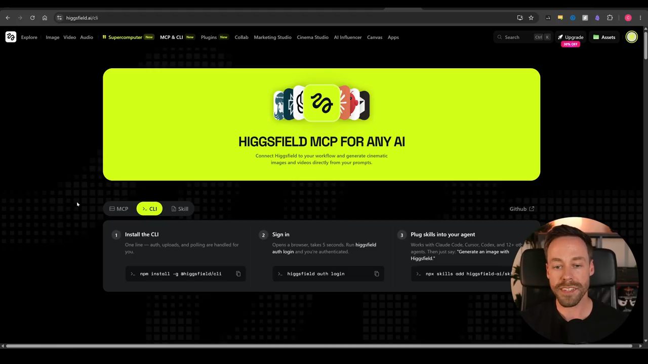 Trang Higgsfield MCP for any AI, tab CLI với ba bước cài