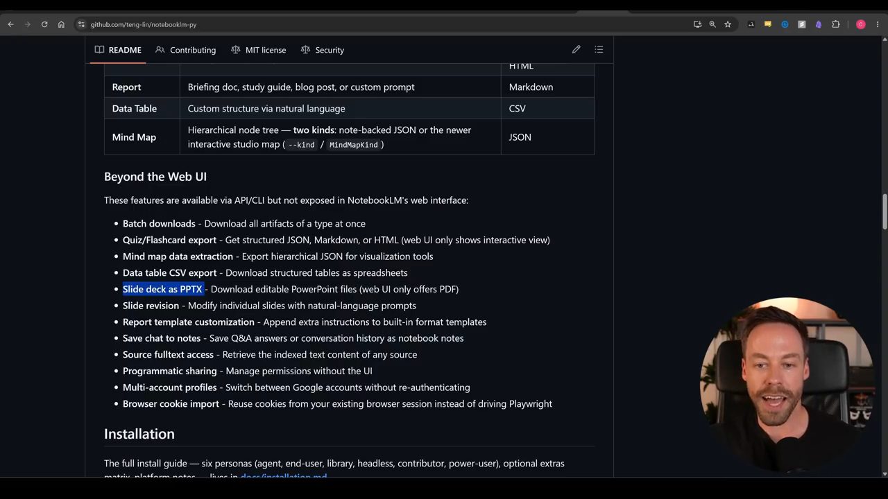 README notebooklm-py, mục Beyond the Web UI, dòng Slide deck as PPTX được bôi chọn