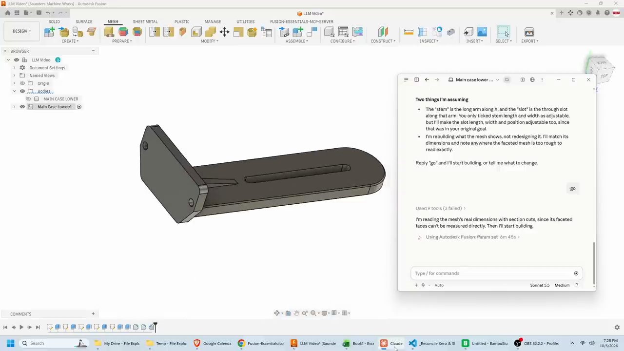 Part mới dựng lại với mặt bích, stem dài và slot, cạnh cửa sổ Claude đang chạy Param set