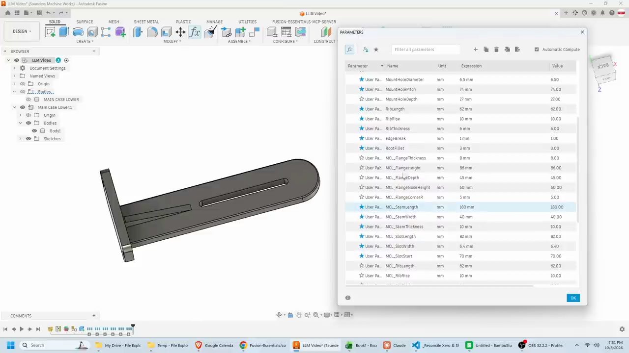 Hộp thoại Parameters liệt kê các user parameter như MCL_StemLength 180 mm, MCL_SlotLength 82 mm