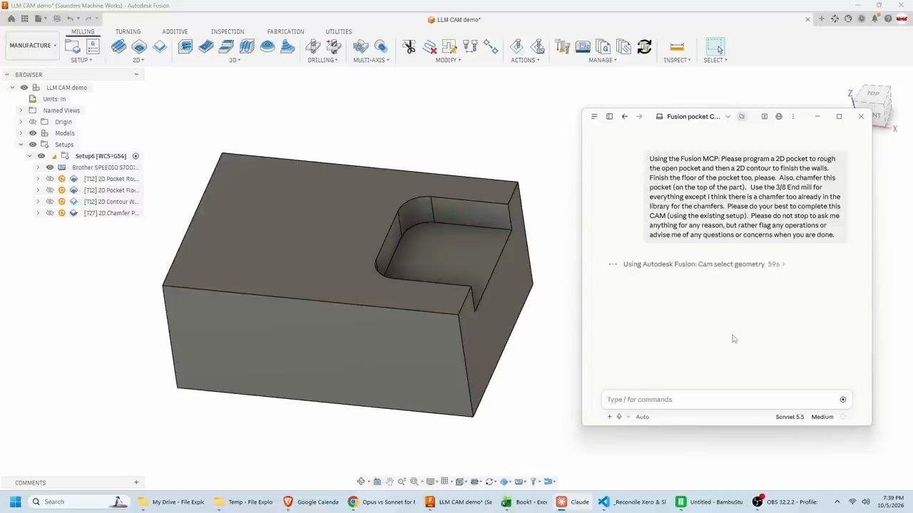 Prompt CAM trong cửa sổ Claude, part có hốc hở trong workspace Manufacture, browser đã có bốn operation
