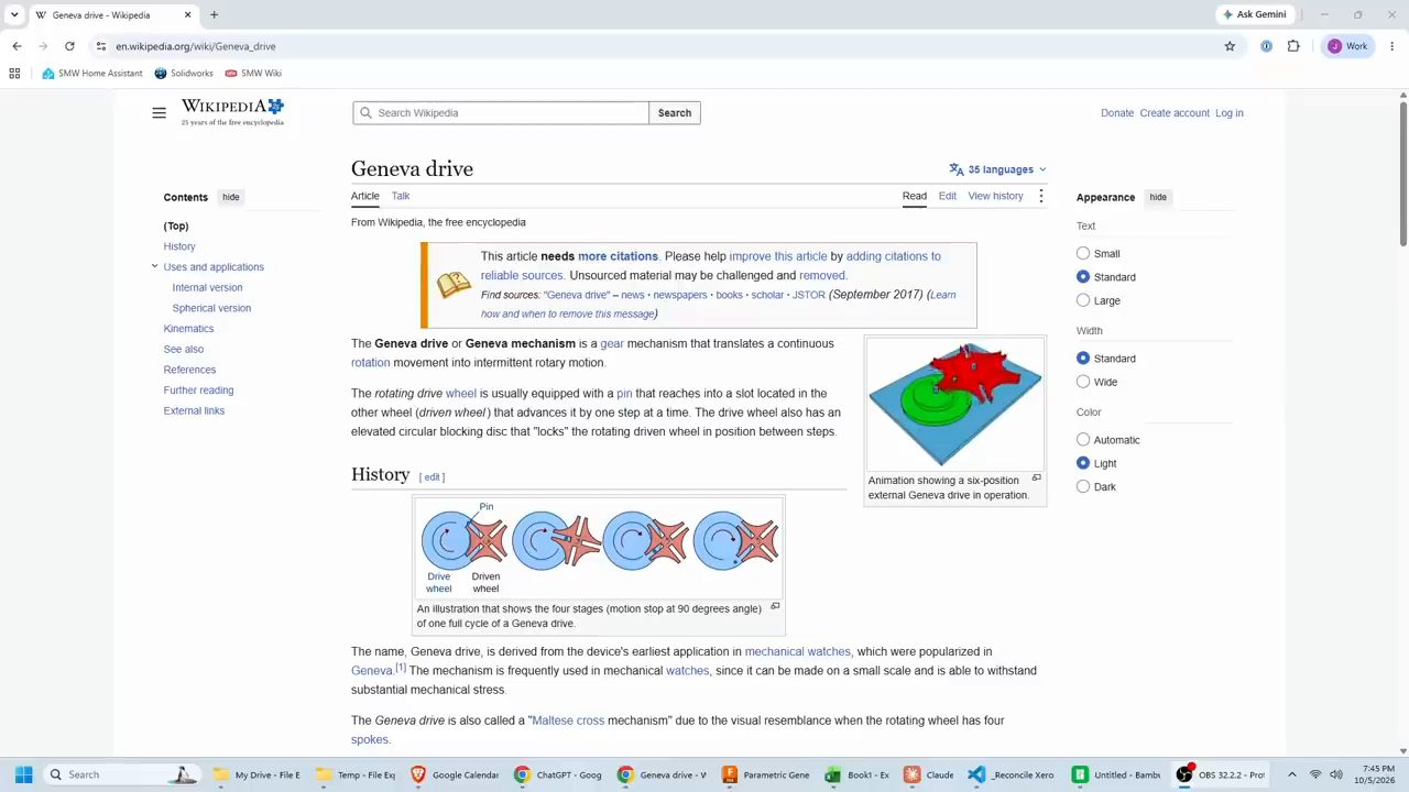 Trang Wikipedia Geneva drive với hình động bánh xanh lá, bánh đỏ trên đế xanh dương