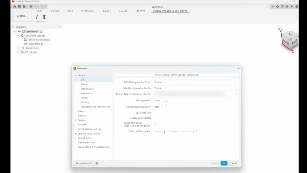 Hộp thoại Preferences của Fusion, mục API, ô Fusion MCP Server không được tick