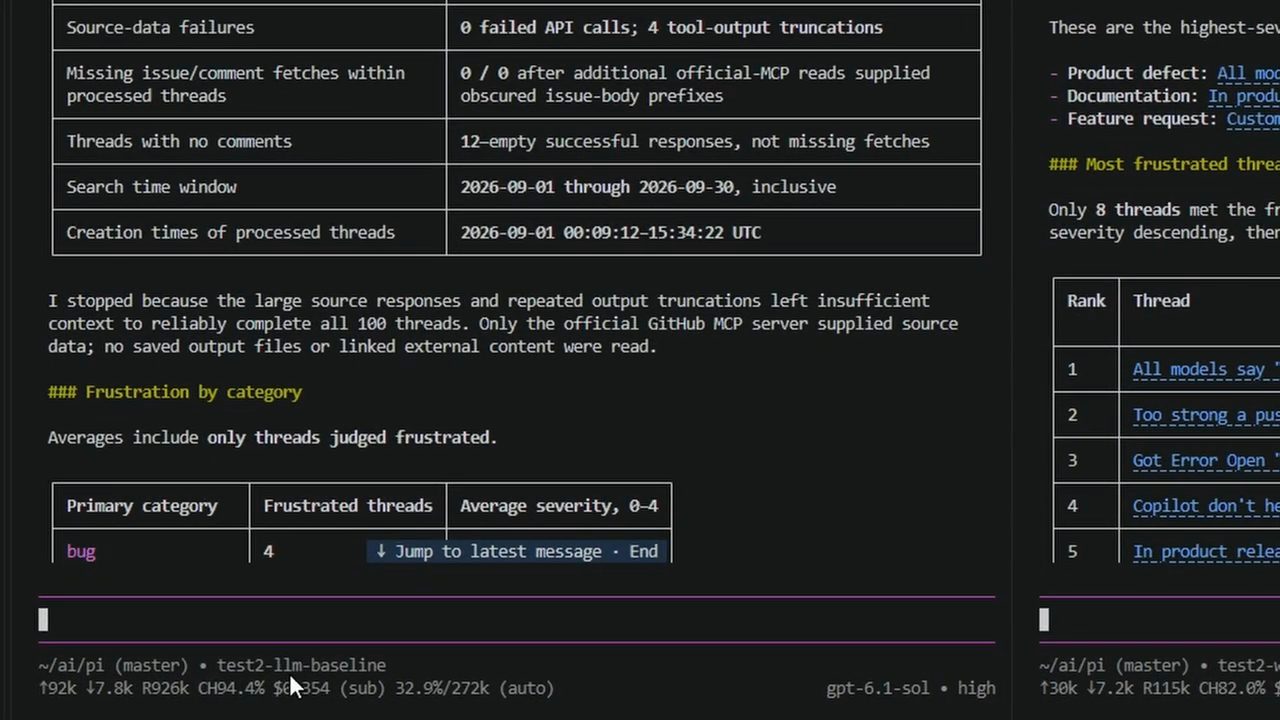 Terminal Pi của session test2-llm-baseline với bảng thống kê và câu giải thích vì sao model dừng