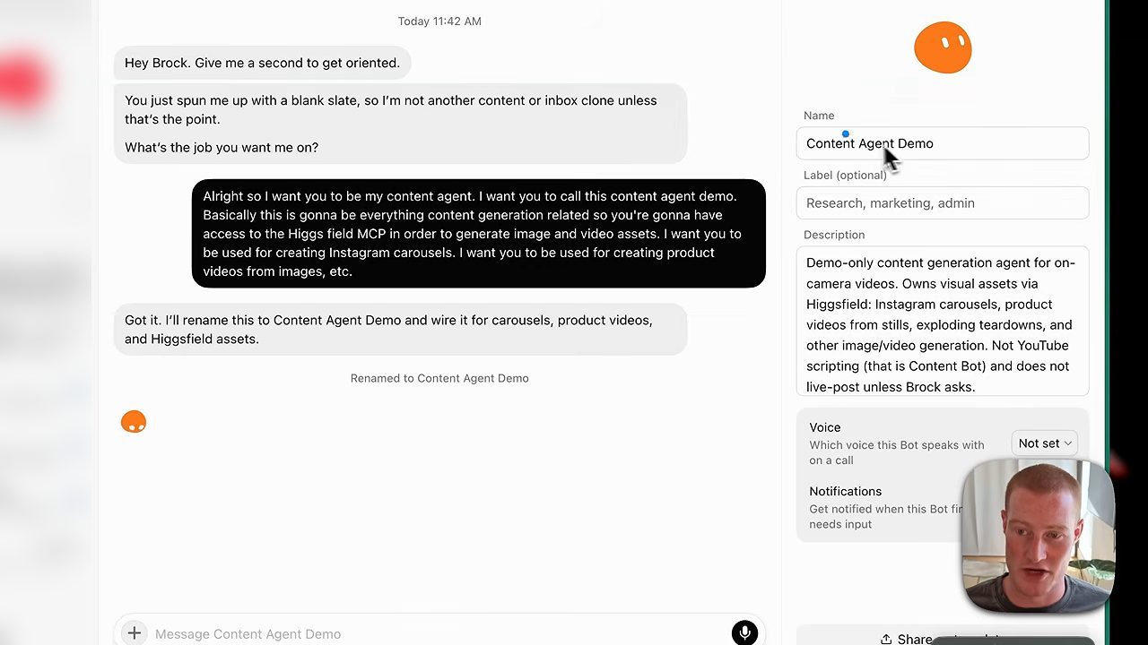 Bot mới đổi tên thành Content Agent Demo, panel settings bên phải