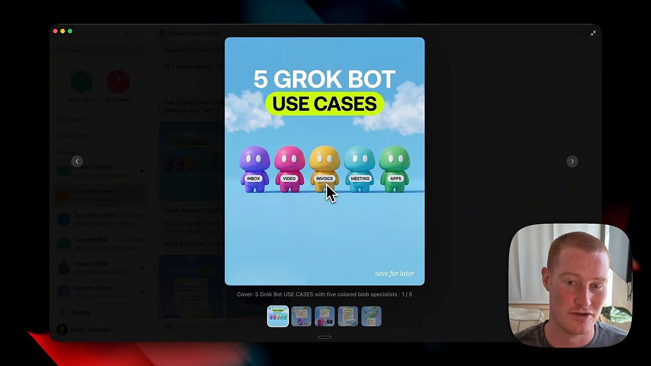 Ảnh bìa carousel 5 Grok Bot Use Cases với năm nhân vật blob nhiều màu