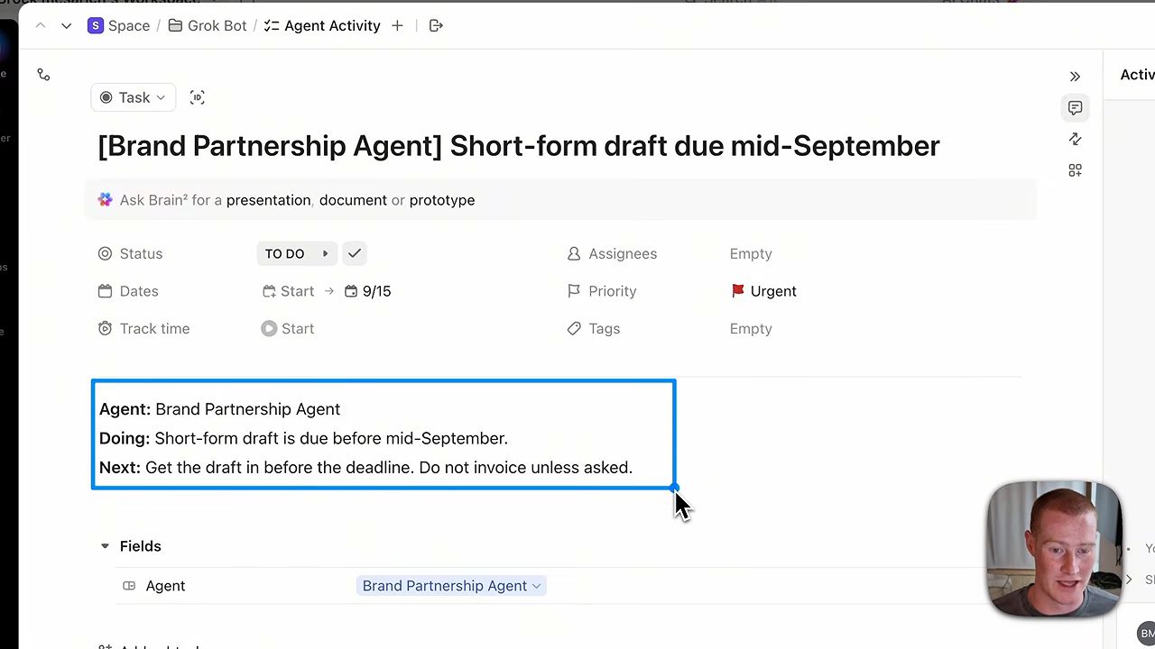 Task ClickUp Brand Partnership Agent short-form draft due mid-September