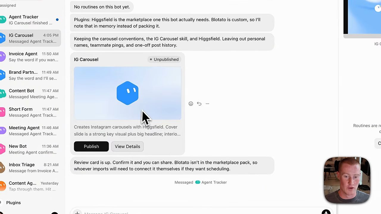 Thẻ template IG Carousel chưa publish với nút Publish và View Details