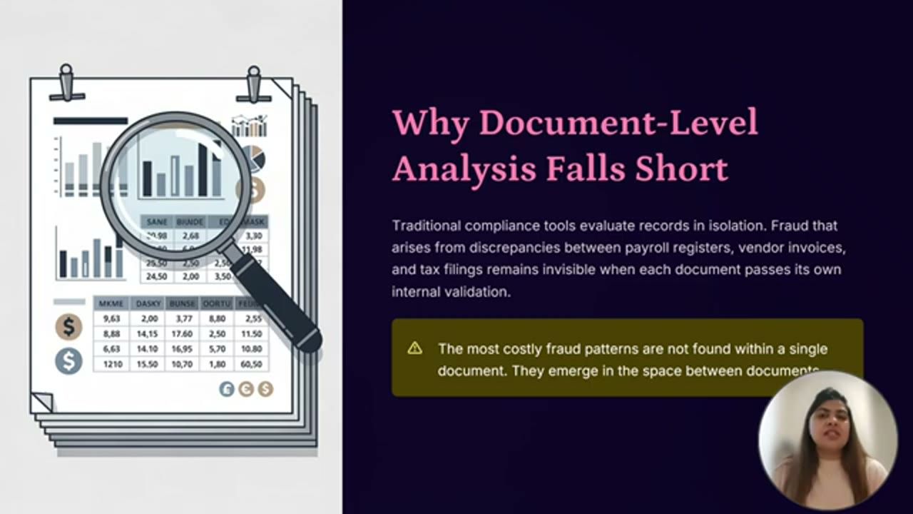 Slide Why Document-Level Analysis Falls Short với hình kính lúp trên chồng tài liệu