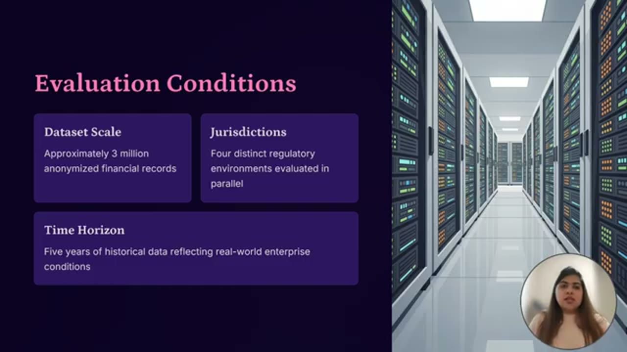 Slide Evaluation Conditions với ba ô và ảnh phòng máy chủ