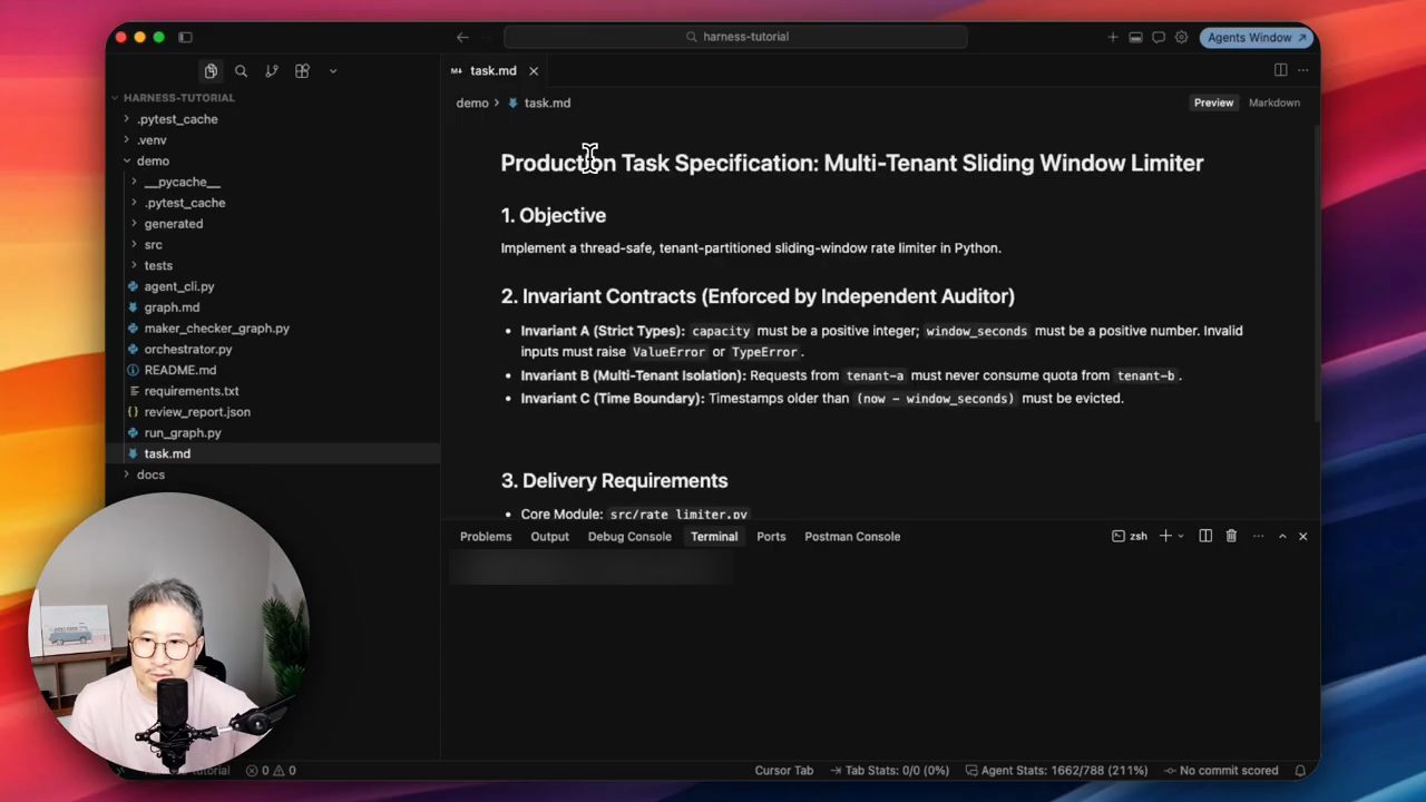 Cửa sổ editor mở task.md ở chế độ Preview: Production Task Specification Multi-Tenant Sliding Window Limiter