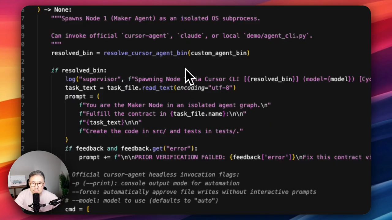 Code Python của run_maker_cli: docstring, resolve_cursor_agent_bin, prompt cho Maker Node và chú thích các flag của cursor-agent
