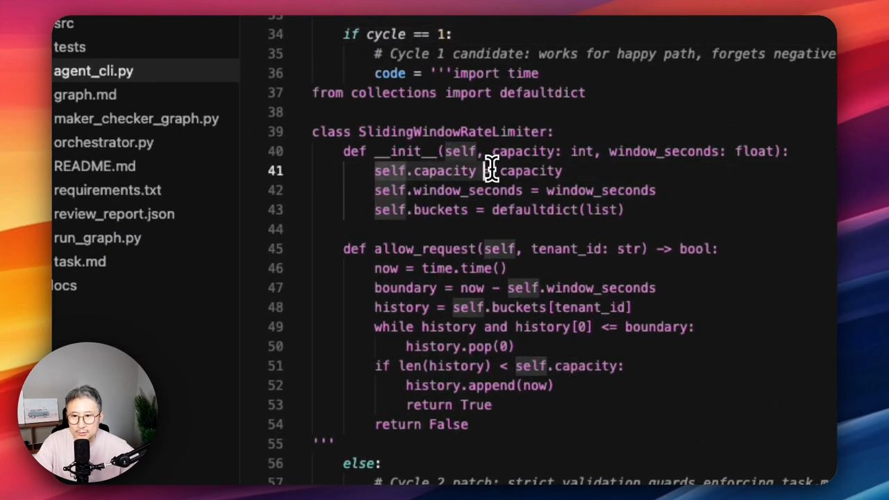 Code cycle 1 trong agent_cli.py: dòng 41 gán self.capacity = capacity không kiểm tra