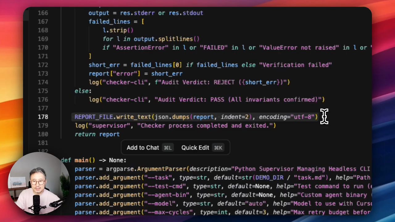 Code checker: lọc các dòng AssertionError, FAILED, ValueError not raised, log Audit Verdict REJECT hoặc PASS, ghi REPORT_FILE