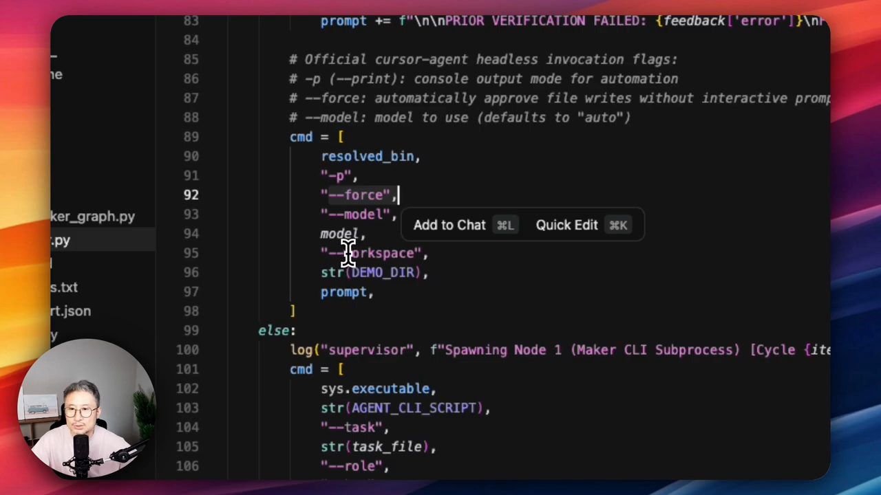 Code danh sách cmd cho cursor-agent với các flag -p, --force, --model, --workspace
