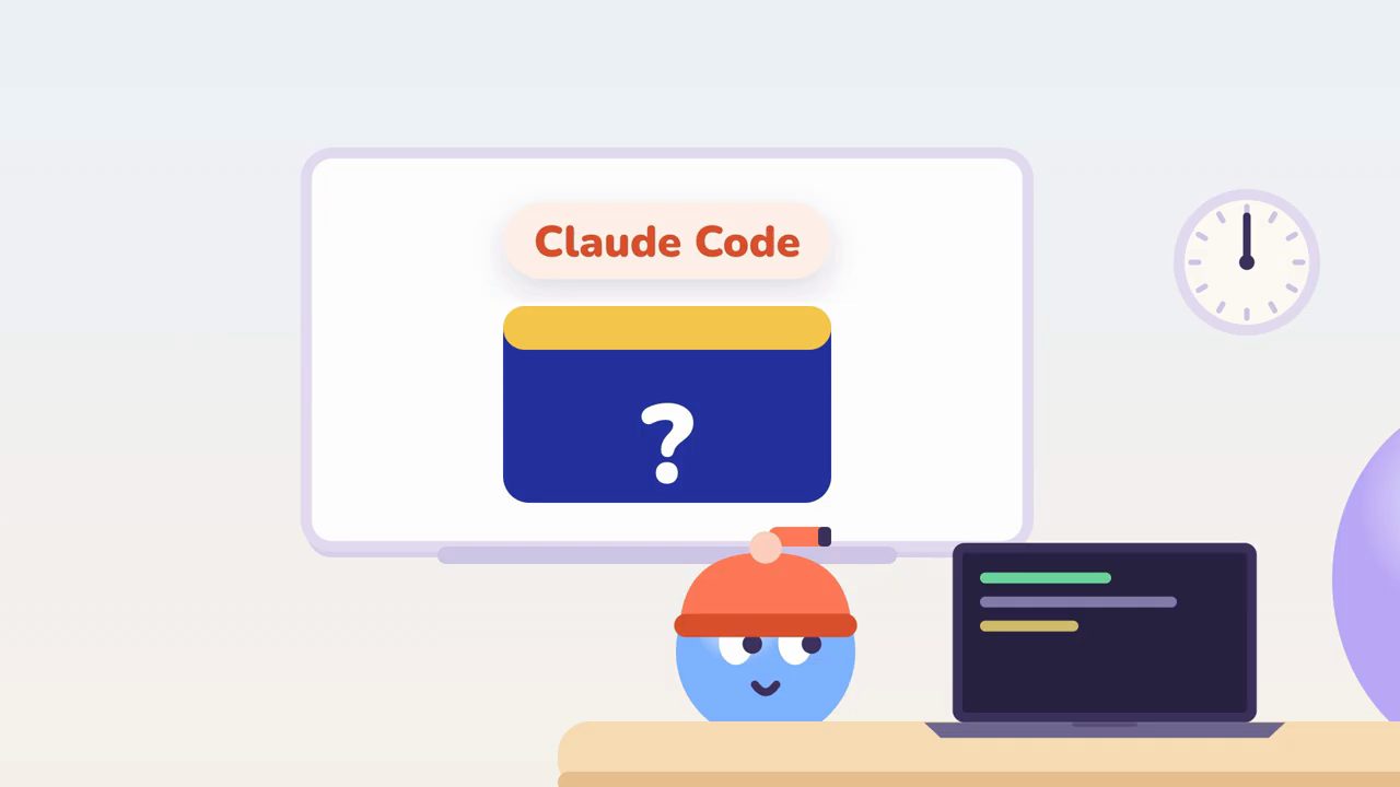 Nhân vật Sam đội mũ len đỏ ngồi cạnh laptop, trên bảng trắng ghi Claude Code và một dấu hỏi