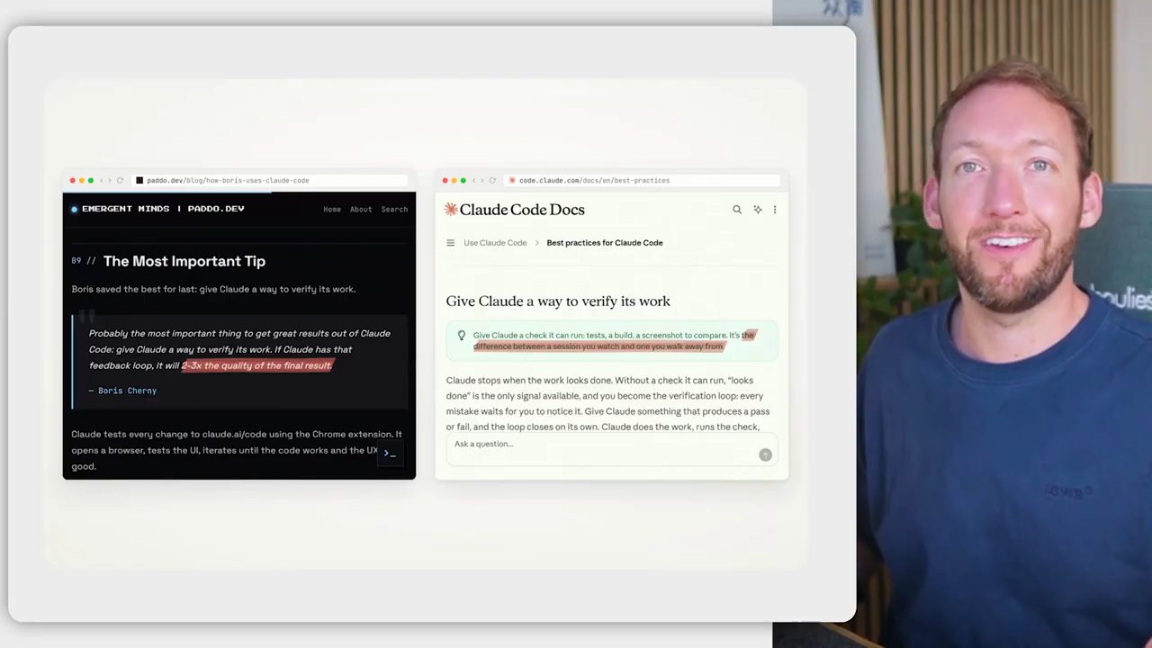 Hai trang web cạnh nhau: bài 'The Most Important Tip' trích Boris Cherny và trang Best practices của Claude Code Docs