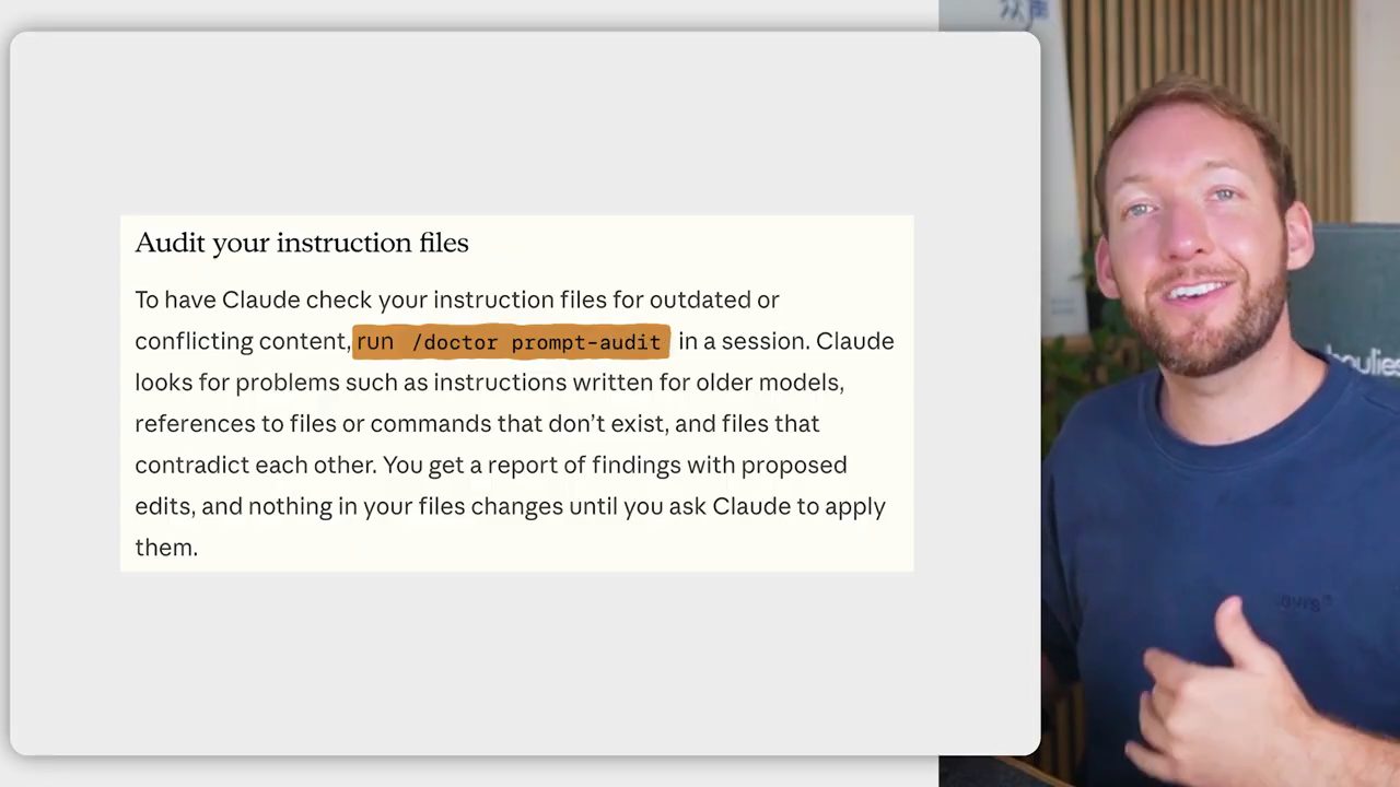 Đoạn docs 'Audit your instruction files' với cụm 'run /doctor prompt-audit' được tô màu