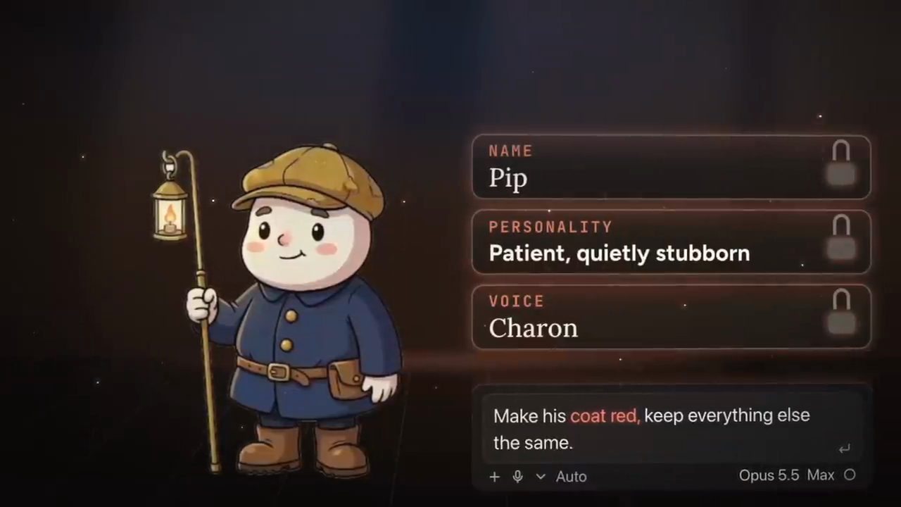 Nhân vật Pip áo khoác xanh navy cầm cây sào đèn, bên phải là các thẻ Name, Personality, Voice có ổ khoá