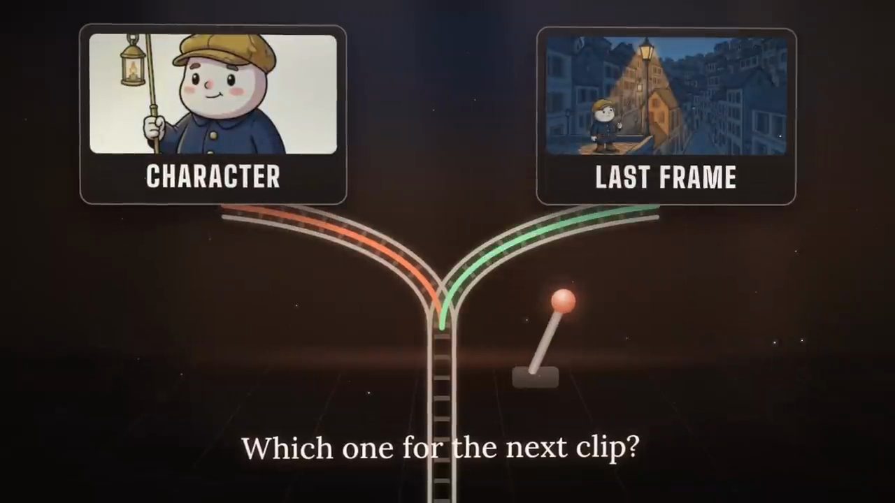 Hai nhánh đường ray, một từ thẻ Character, một từ thẻ Last frame, với cần gạt và câu Which one for the next clip?