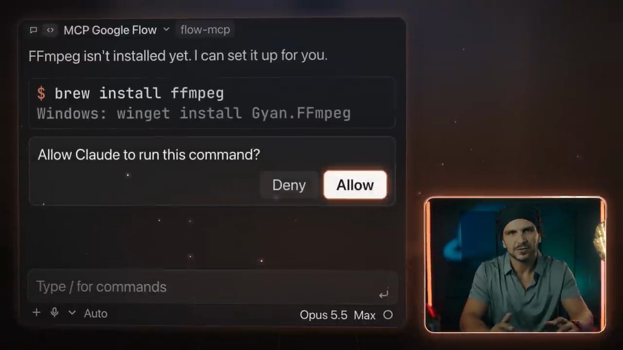 Claude báo FFmpeg chưa được cài, đề xuất lệnh brew install ffmpeg và hỏi Allow Claude to run this command?
