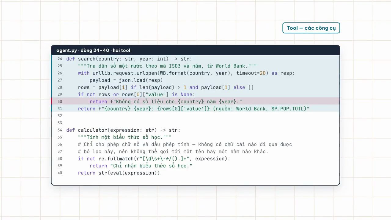 Code agent.py dòng 24 đến 40: hàm search và hàm calculator