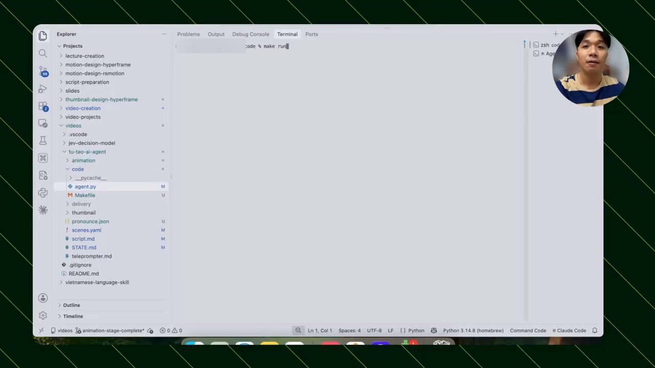 VS Code mở thư mục tu-tao-ai-agent, terminal đang gõ make run