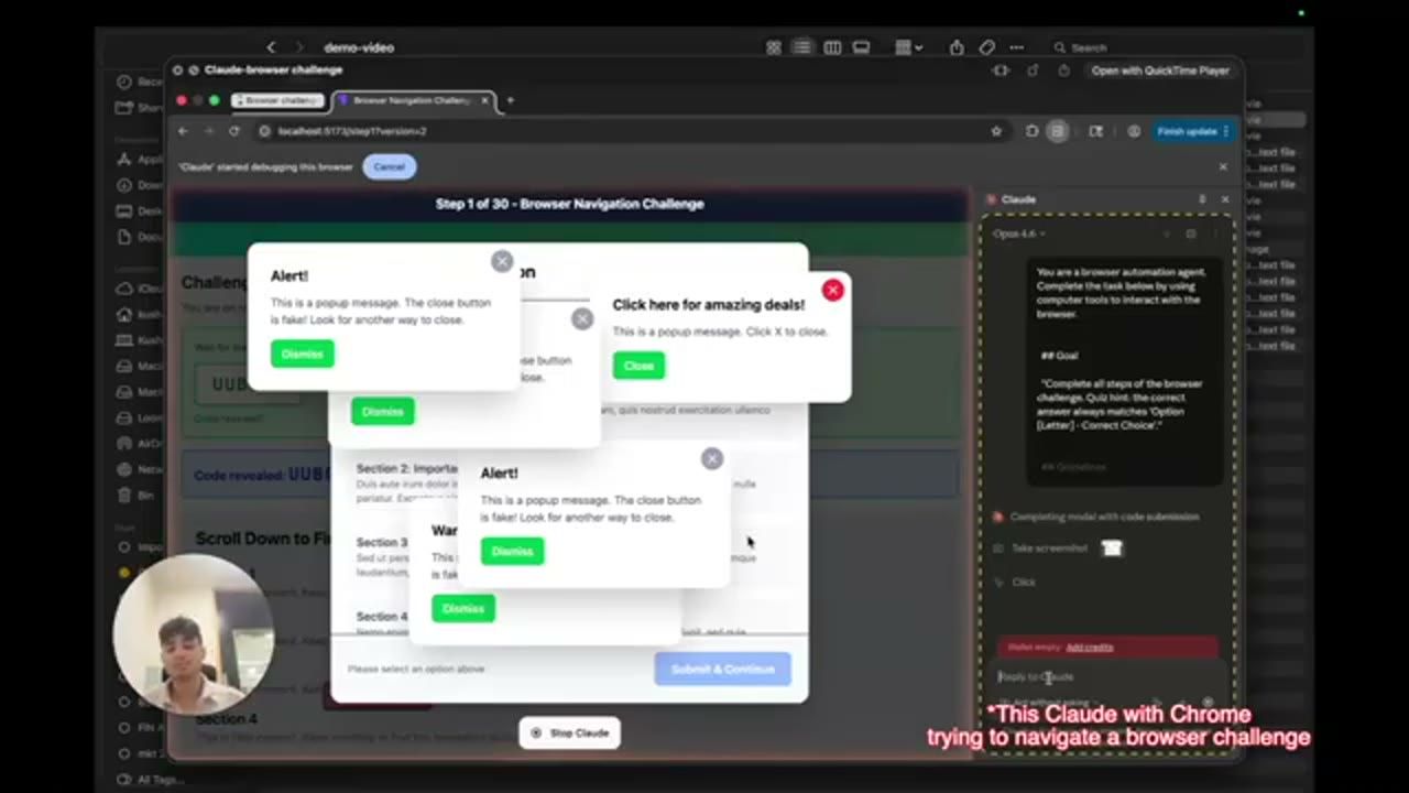 Claude in Chrome đang làm Step 1 of 30 của Browser Navigation Challenge, màn hình phủ đầy popup Alert và Click here for amazing deals