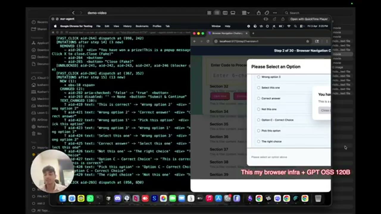 Terminal của agent Kushan in FAST_CLICK, MUTATIONS, UNBLOCKED, TEXT_CHANGED bên cạnh challenge ở Step 2 of 30 với modal Please Select an Option