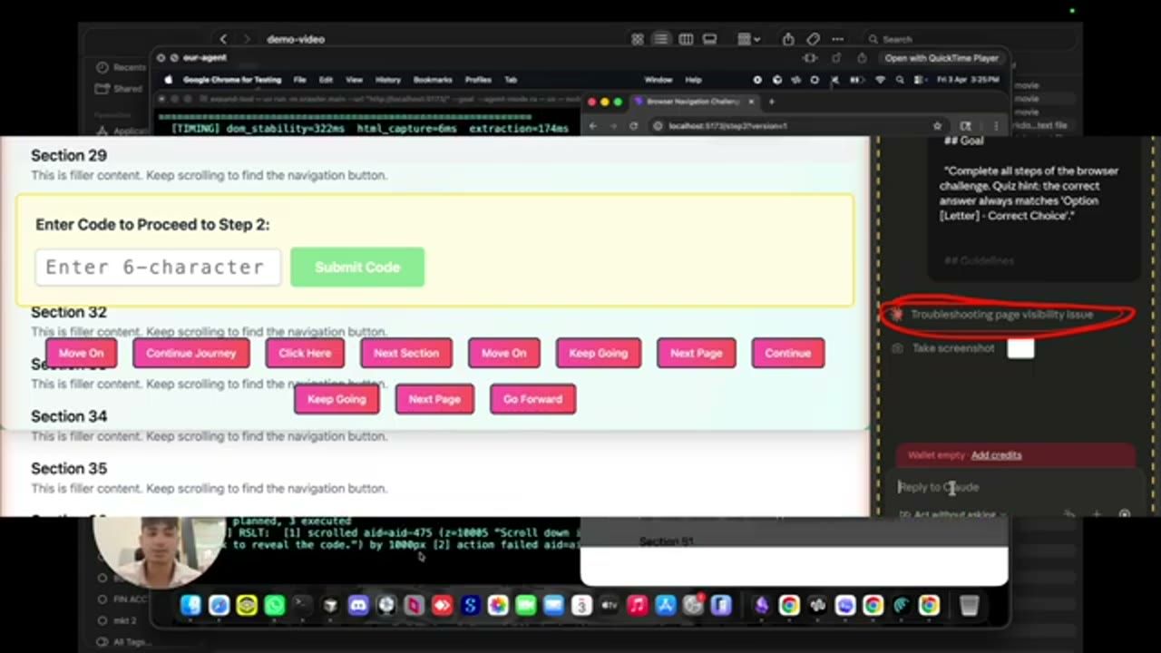 Một bước sau của challenge: form Enter Code to Proceed to Step 2, hàng nút Move On, Continue Journey, Click Here, và panel Claude đang Troubleshooting page visibility issue