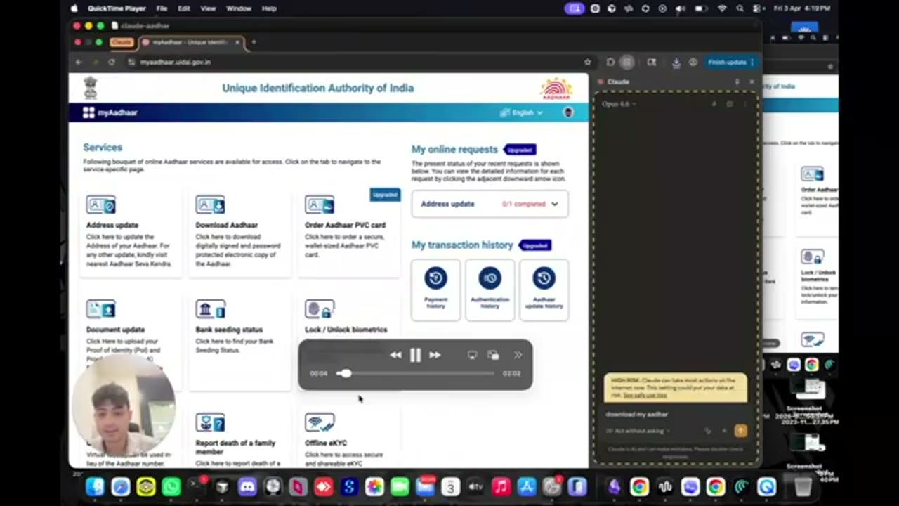 Trang myAadhaar của Unique Identification Authority of India với các ô Address update, Download Aadhaar, Order Aadhaar PVC card; panel Claude bên phải với yêu cầu download my aadhar