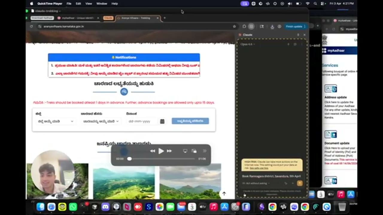 Trang Aranya Vihaara Trekking bằng tiếng Kannada với khung Notifications đỏ, form chọn quận, tuyến trek và ngày; panel Claude với yêu cầu Book Ramnagara district, Savandura, 5th April