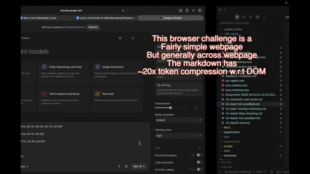 Google AI Studio với chú thích đỏ: browser challenge là một trang khá đơn giản, nhưng nhìn chung markdown nén khoảng 20 lần so với DOM