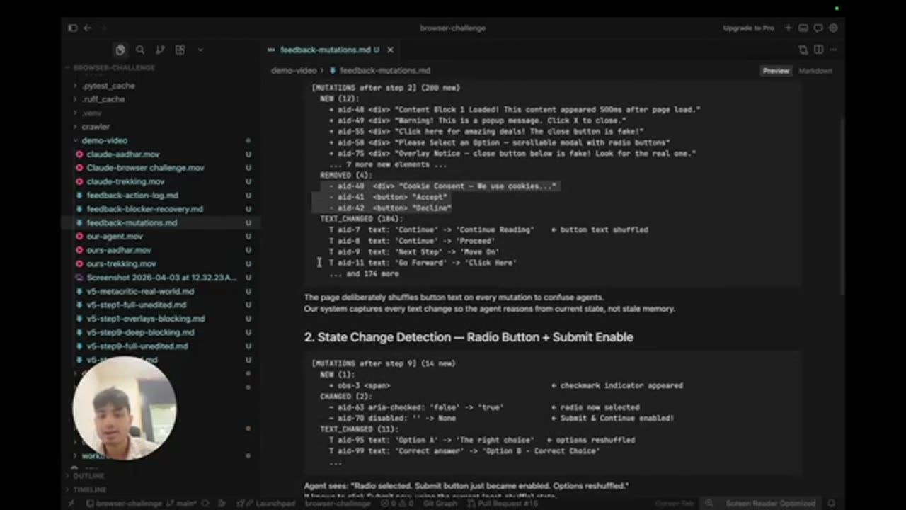 File feedback-mutations.md: MUTATIONS after step 2 với NEW, REMOVED, TEXT_CHANGED; mục 2 State Change Detection, Radio Button + Submit Enable