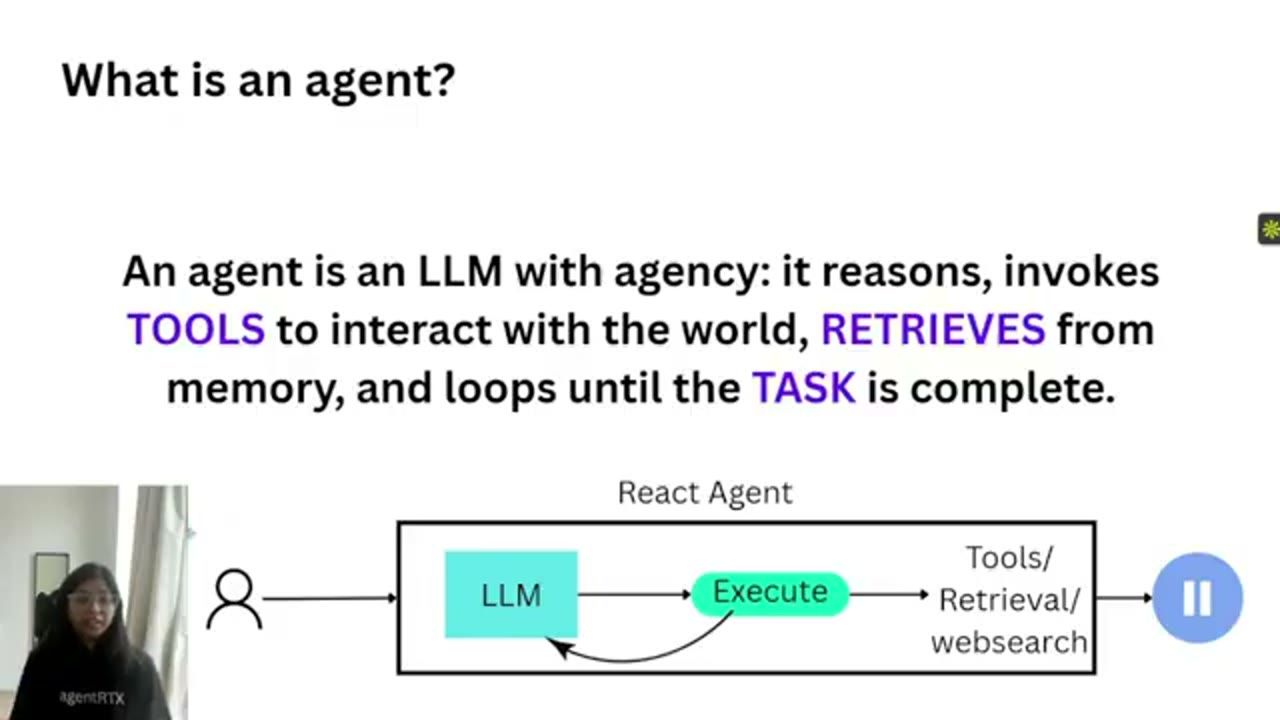 Slide What is an agent với sơ đồ React Agent: người dùng, LLM, Execute, Tools/Retrieval/websearch