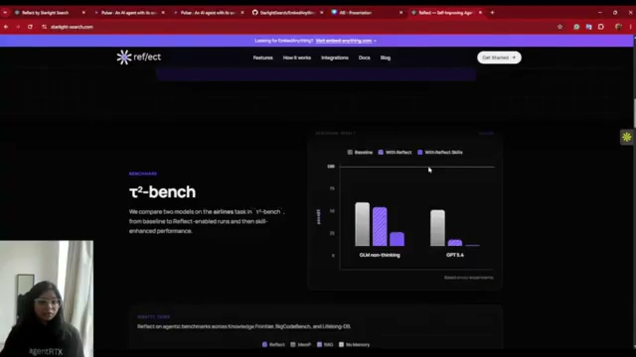 Trang web Reflect, phần benchmark τ²-bench với biểu đồ cột cho GLM non-thinking và GPT 5.4