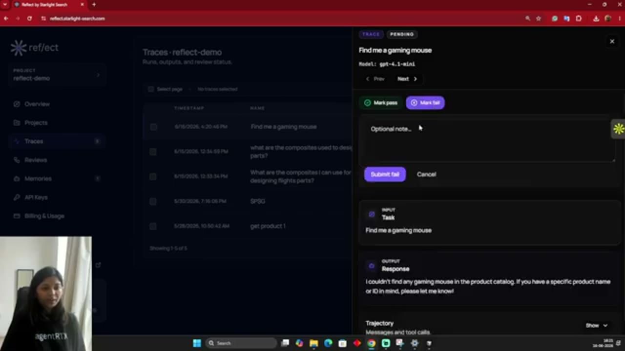 Dashboard Reflect, khung đánh dấu fail cho trace find me a gaming mouse với ô ghi chú
